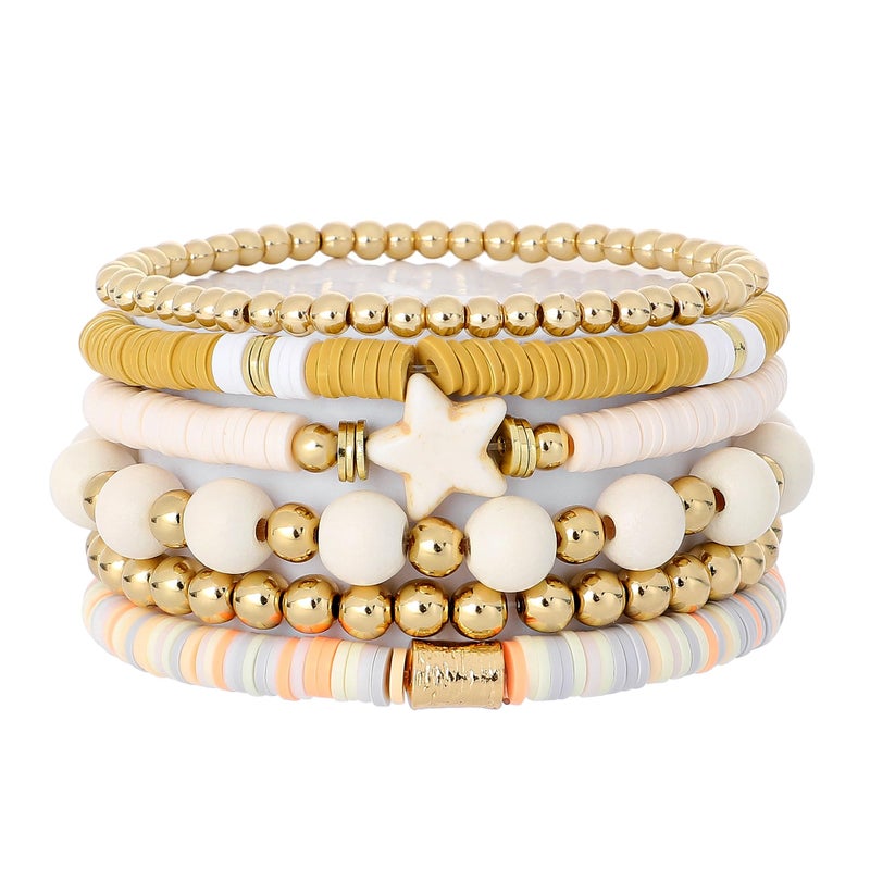 GOOJIDS Surfer Heishi Clay Bead Bracelets for Women Bohemian Stackable Gold Plated Beaded Stretch Bracelets Elastic Layering Friendship Bracelets Set Boho Jewelry - Image 1
