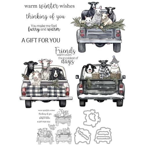 YIXUAN 2025 Winter Cute Animals in The Truck Clear Stamp and Metal Cutting Dies Set with Package Envelope Box for Card Making DIY Scrapbooking Supplies Silicone Stamps Knife Mold for Albums Crafts - Image 1