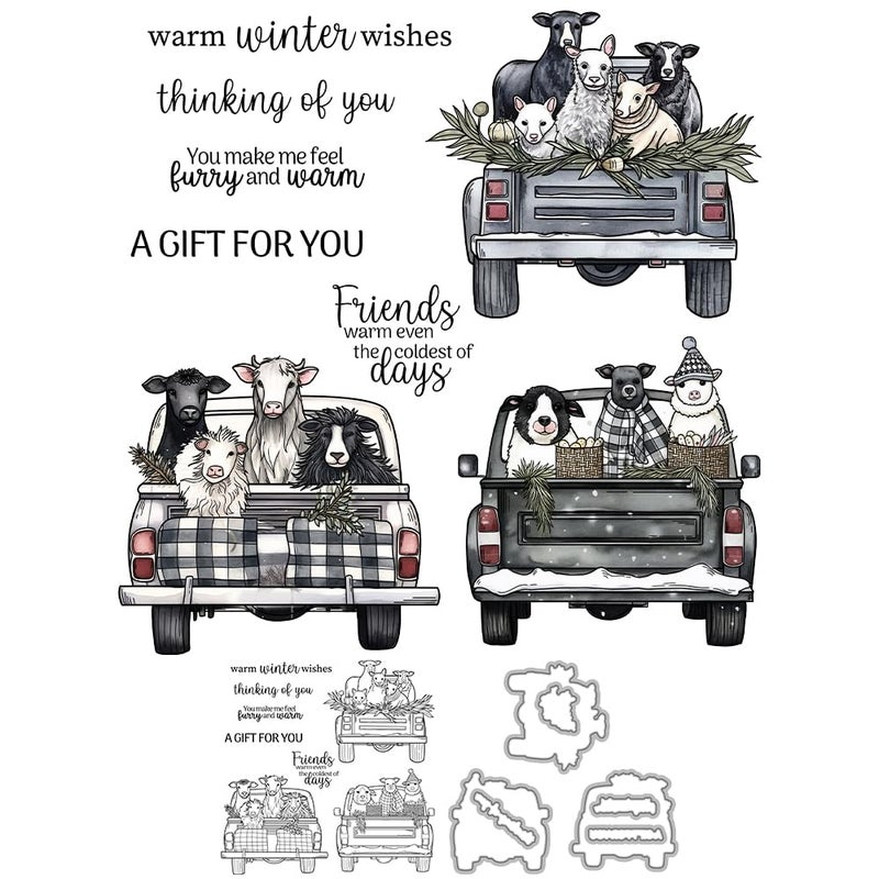 YIXUAN 2025 Winter Cute Animals in The Truck Clear Stamp and Metal Cutting Dies Set with Package Envelope Box for Card Making DIY Scrapbooking Supplies Silicone Stamps Knife Mold for Albums Crafts - Image 3