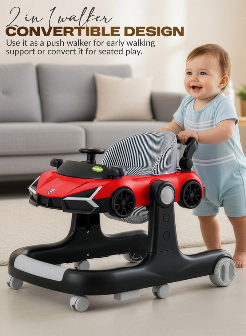 BAYBEE 2 IN 1 Baby Walker for Kids with 2 Position Adjustable Height | Push Walker for Baby with Wheel Lock, Musical Bar, Push Handle Toddler Activity Walker | Kids Walker for Baby Boys Girls 6 to 24 Months (Red) - Image 4