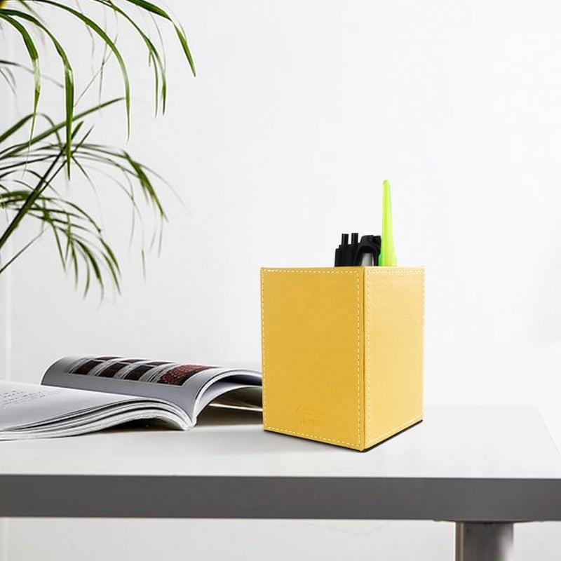 Fosinz Pen Pencil Holder Cup Container PU Leather Desk Organizer Stand Decor Brush Scissor Holder Decoration Office Desk Home School (Yellow, 3.54" x 3.54" x 4.72") - Image 2