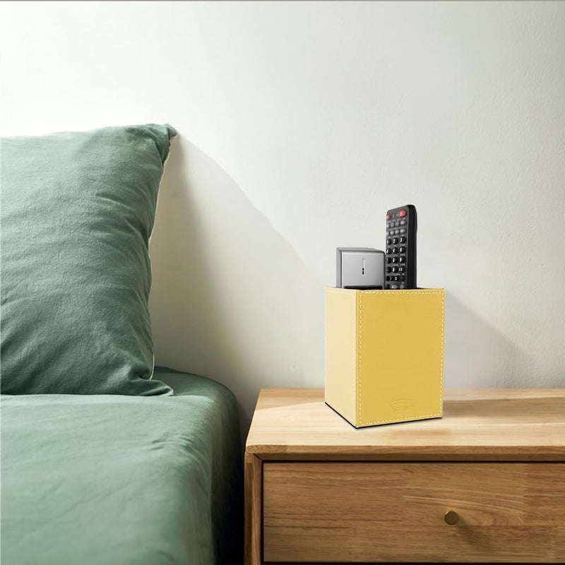 Fosinz Pen Pencil Holder Cup Container PU Leather Desk Organizer Stand Decor Brush Scissor Holder Decoration Office Desk Home School (Yellow, 3.54" x 3.54" x 4.72") - Image 4