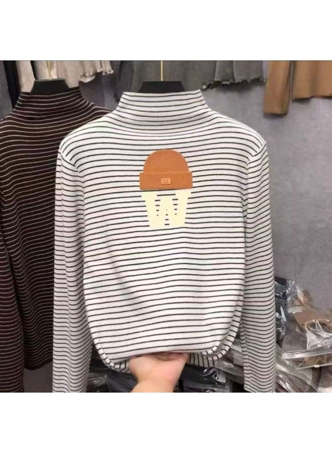 Boys And Girls' Thermal Base Layer Shirts, Spring And Autumn, Big Kids' Half-high Collar Long-sleeve T-shirts, Stylish Striped Warm Tops
