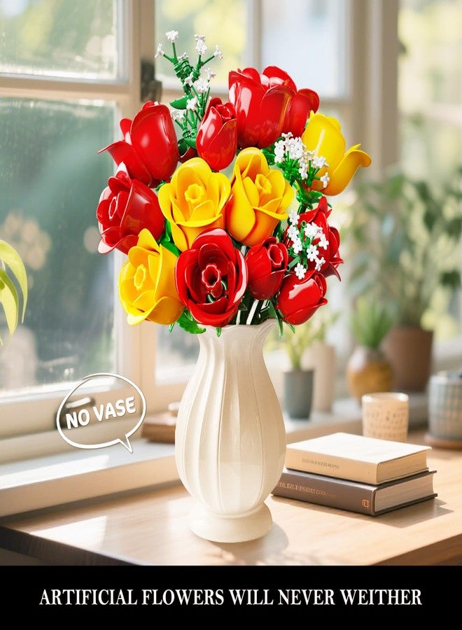 HOGOKIDS Flowers Bouquet Building Set with Lights - 16 Roses Bouquet Botanical Building Blocks Artificial Yellow Roses Flower for Home Decor Christmas Birthday Gifts for Girls Adults - 387PCS (YELLOW) - Image 3