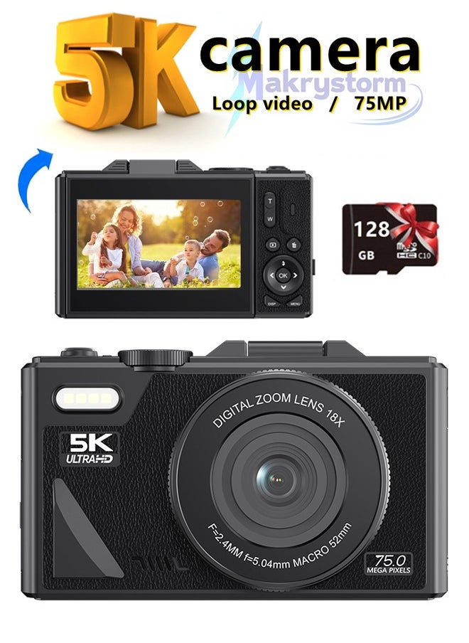 ماكرايستورم الكاميرا الرقمية ، كاميرا 5K Vlogging ، كاميرا الأطفال 75MP نقطة وإطلاق النار على الكاميرات الرقمية مع بطاقة TF 128GB ، زوم 18X ، للأطفال الأولاد البنات (أسود)  - Image 1
