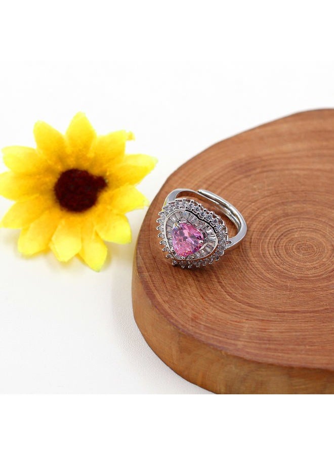 Uloveido Silver Color Adjustable Love Heart Ring Pink CZ Crystal Heart Rings Wedding Promise Jewellery for Women (Pink) - Image 4