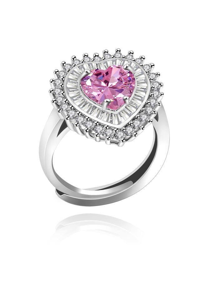 Uloveido Silver Color Adjustable Love Heart Ring Pink CZ Crystal Heart Rings Wedding Promise Jewellery for Women (Pink) - Image 1