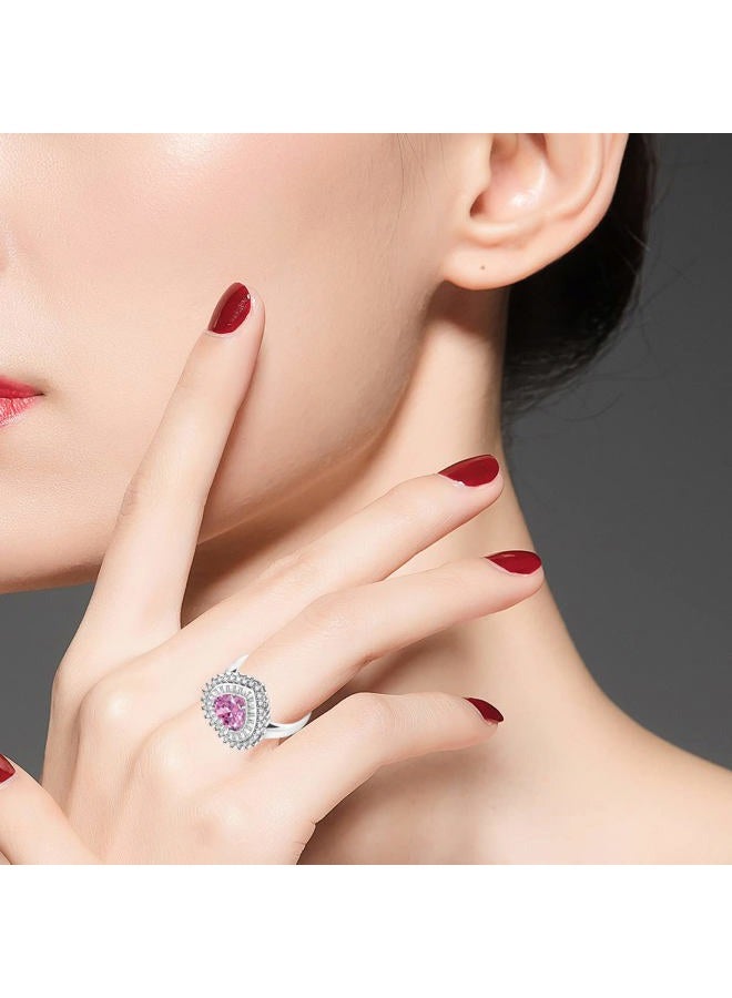 Uloveido Silver Color Adjustable Love Heart Ring Pink CZ Crystal Heart Rings Wedding Promise Jewellery for Women (Pink) - Image 3