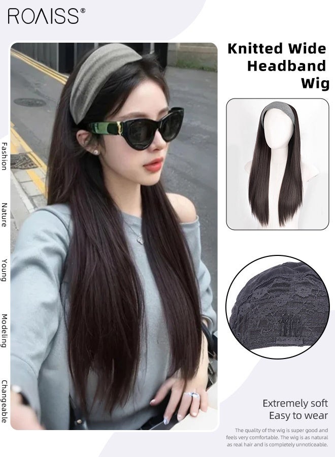 رويس باروكة شعر نسائية طويلة مستقيمة باللون البني والأسود، رباط شعر محبوك رمادي عريض الحواف، باروكة شعر صناعية من قطعة واحدة عالية الجودة، مظهر طبيعي مناسب للحفلات والارتداء اليومي - Image 1