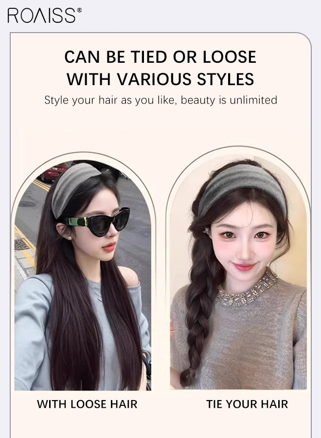 رويس باروكة شعر نسائية طويلة مستقيمة باللون البني والأسود، رباط شعر محبوك رمادي عريض الحواف، باروكة شعر صناعية من قطعة واحدة عالية الجودة، مظهر طبيعي مناسب للحفلات والارتداء اليومي - Image 2