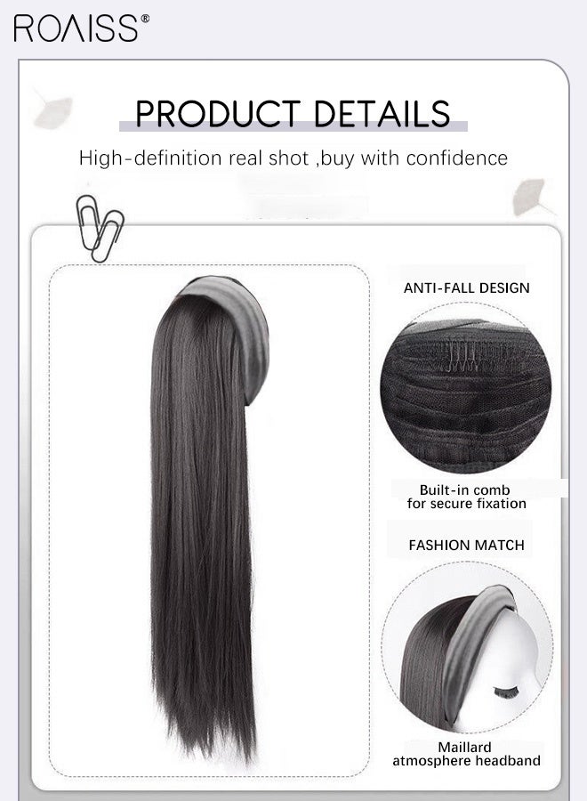 رويس باروكة شعر نسائية طويلة مستقيمة باللون البني والأسود، رباط شعر محبوك رمادي عريض الحواف، باروكة شعر صناعية من قطعة واحدة عالية الجودة، مظهر طبيعي مناسب للحفلات والارتداء اليومي - Image 5