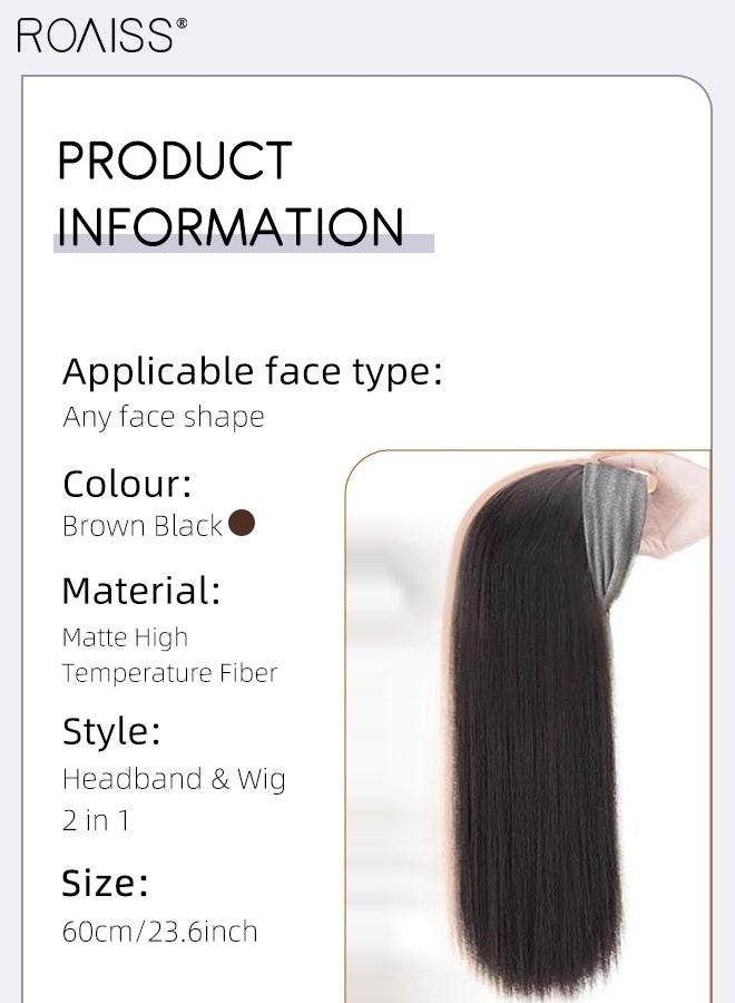رويس باروكة شعر نسائية طويلة مستقيمة باللون البني والأسود، رباط شعر محبوك رمادي عريض الحواف، باروكة شعر صناعية من قطعة واحدة عالية الجودة، مظهر طبيعي مناسب للحفلات والارتداء اليومي - Image 4