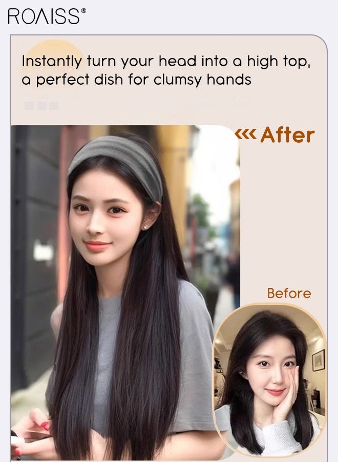 رويس باروكة شعر نسائية طويلة مستقيمة باللون البني والأسود، رباط شعر محبوك رمادي عريض الحواف، باروكة شعر صناعية من قطعة واحدة عالية الجودة، مظهر طبيعي مناسب للحفلات والارتداء اليومي - Image 3