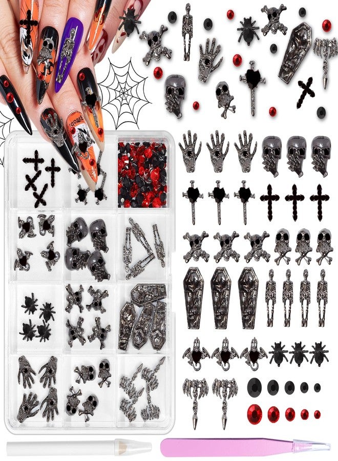 CESUSME Halloween Nail Charms, 3D Dark Alloy Gothic Cross Bat Nail Charms, Skull Skeleton Spider Tombstone Palm Metal Punk Halloween Nail Accessories Black Red Rhinestones for Nail Art Supplies Crafts - Image 1