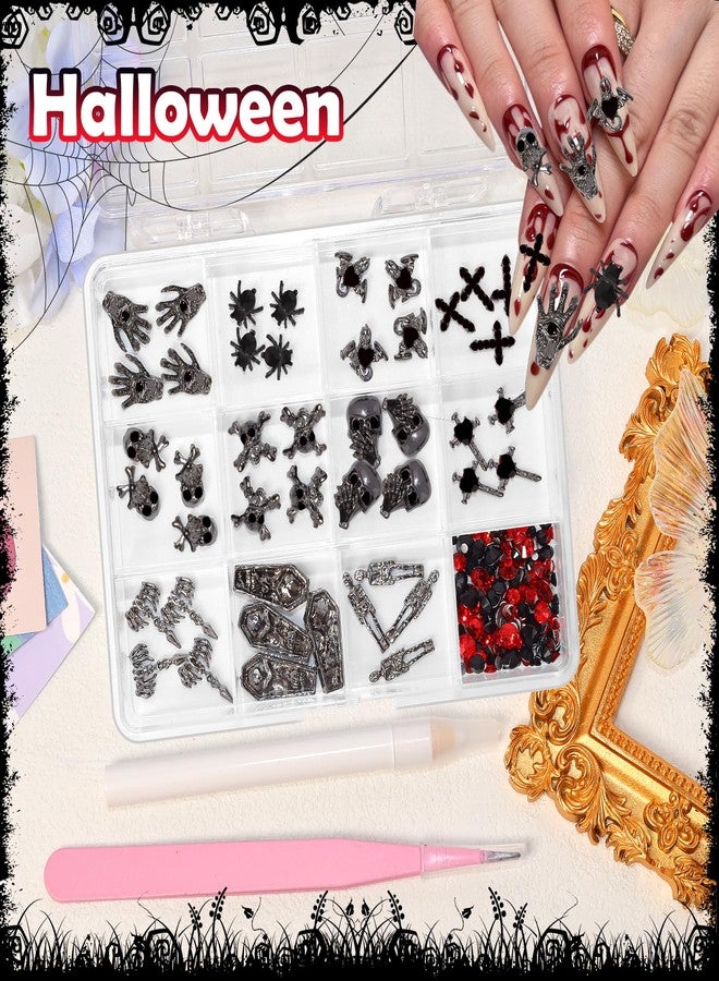 CESUSME Halloween Nail Charms, 3D Dark Alloy Gothic Cross Bat Nail Charms, Skull Skeleton Spider Tombstone Palm Metal Punk Halloween Nail Accessories Black Red Rhinestones for Nail Art Supplies Crafts - Image 4