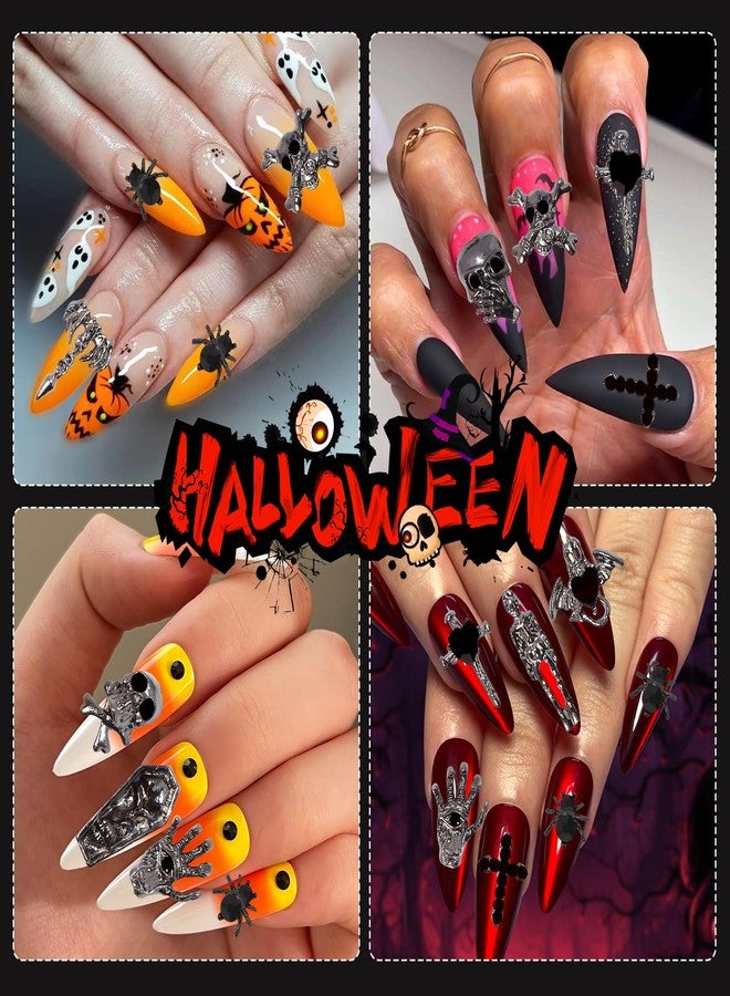 CESUSME Halloween Nail Charms, 3D Dark Alloy Gothic Cross Bat Nail Charms, Skull Skeleton Spider Tombstone Palm Metal Punk Halloween Nail Accessories Black Red Rhinestones for Nail Art Supplies Crafts - Image 5