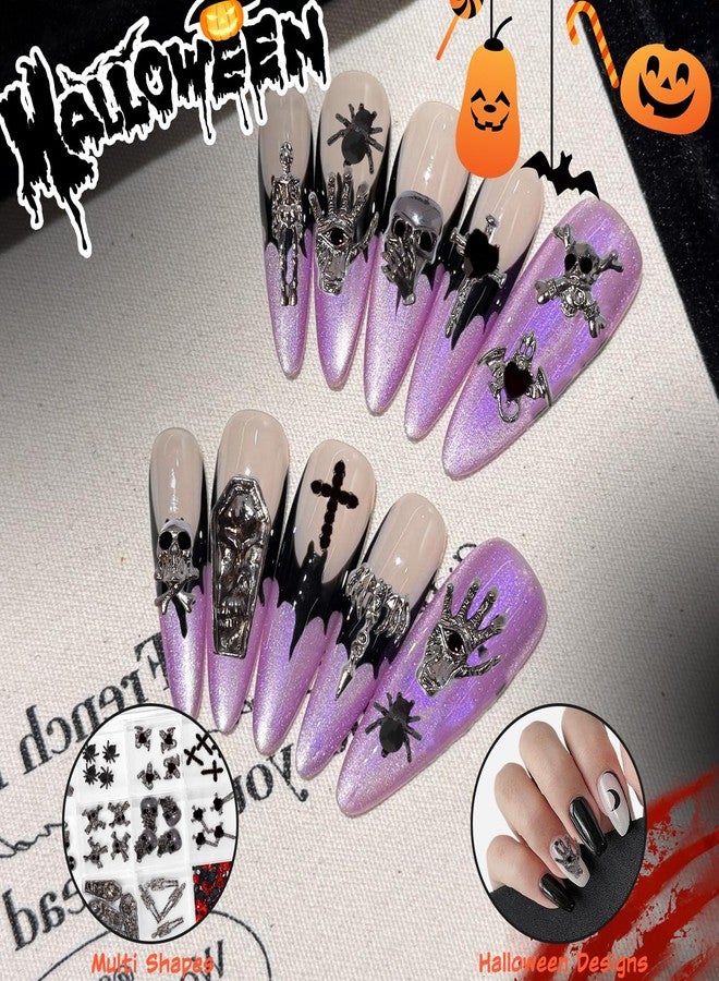 CESUSME Halloween Nail Charms, 3D Dark Alloy Gothic Cross Bat Nail Charms, Skull Skeleton Spider Tombstone Palm Metal Punk Halloween Nail Accessories Black Red Rhinestones for Nail Art Supplies Crafts - Image 3