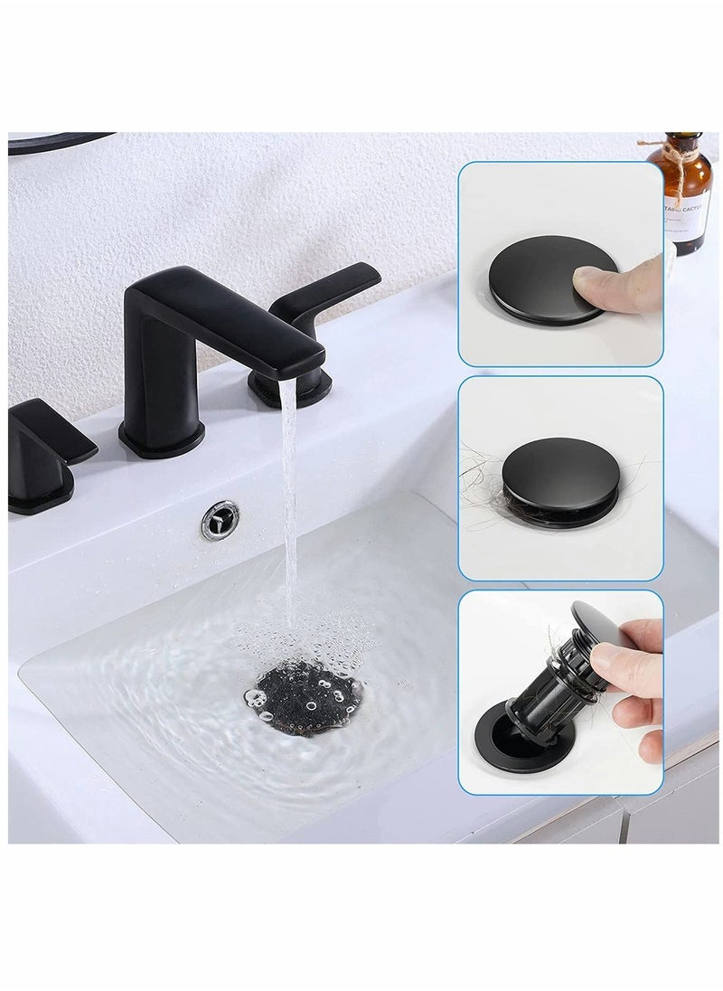 Sink Drains, Push and Seal Pop Up Drain Stopper with Overflow for Bathroom Faucet Vessel Vanity, Matte Black 2 Pack