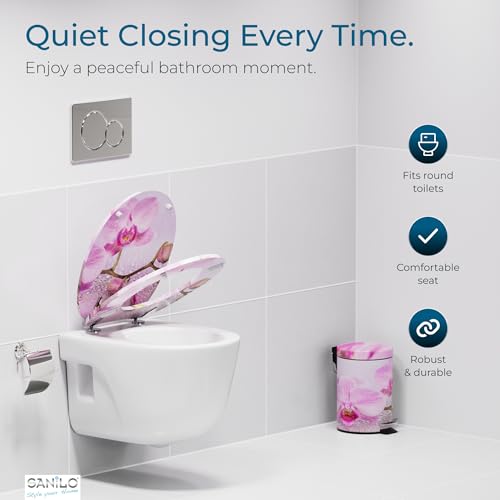 SANILO Wooden Toilet Seat with Soft Close [ROUND] - Decorative, Quiet & Slow Close Molded Wood Seat - With Strong Bumpers & Hinges - Adjustable Fit – Blooming - Image 2
