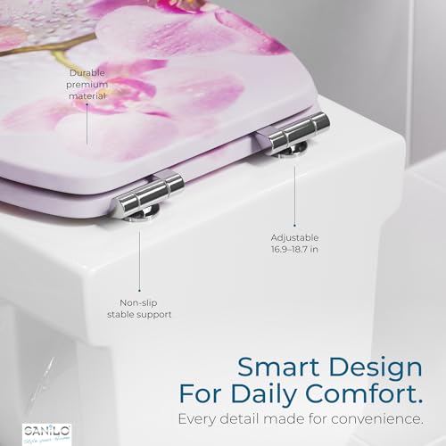 SANILO Wooden Toilet Seat with Soft Close [ROUND] - Decorative, Quiet & Slow Close Molded Wood Seat - With Strong Bumpers & Hinges - Adjustable Fit – Blooming - Image 3
