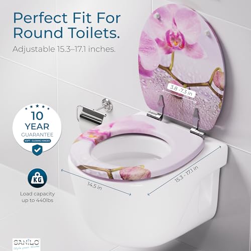 SANILO Wooden Toilet Seat with Soft Close [ROUND] - Decorative, Quiet & Slow Close Molded Wood Seat - With Strong Bumpers & Hinges - Adjustable Fit – Blooming - Image 4