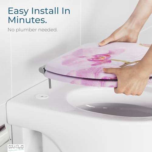 SANILO Wooden Toilet Seat with Soft Close [ROUND] - Decorative, Quiet & Slow Close Molded Wood Seat - With Strong Bumpers & Hinges - Adjustable Fit – Blooming - Image 5