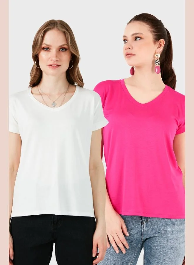 ليلا Lela V-Neck Relaxed Fit Blouse with Slit Detail, 2-Pack, Women's Blouse 5862000S2