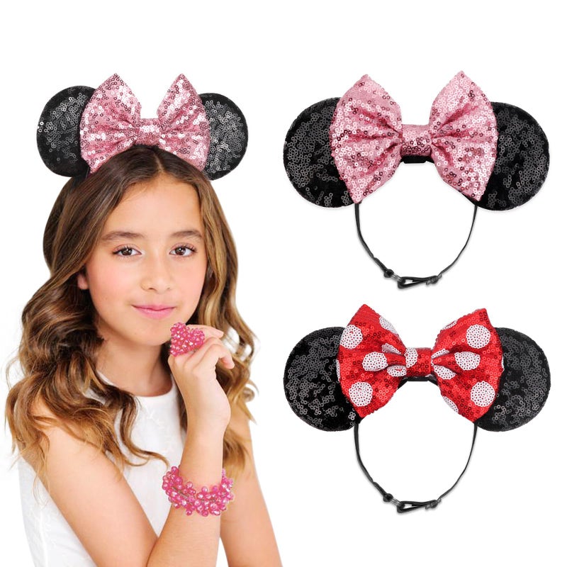 DRESHOW Minnie Ears Headbands Mouse Ears Sequin Bow Headbands Elastic Adjustable Headband Glitter Party Decoration Cosplay Costume for Women Girls