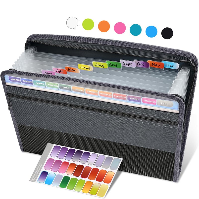 Sooez Accordion File Organizer with Safe Zipper, 12 Pocket Expanding File Folder with Front Pencil Pouch, Portable Monthly Paper Bill Tax Receipt Organizer, School Office Supplies, Letter Size, Grey - Image 1