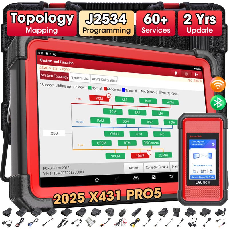 LAUNCH X431 PRO5 J2534 Reprogramming Tool with SmartLink C V20 Car Diagnostic Scanner with ECU Coding Topology Mapping 60 Services Intelligent Diagnostics Guided Functions 2Year Free Update