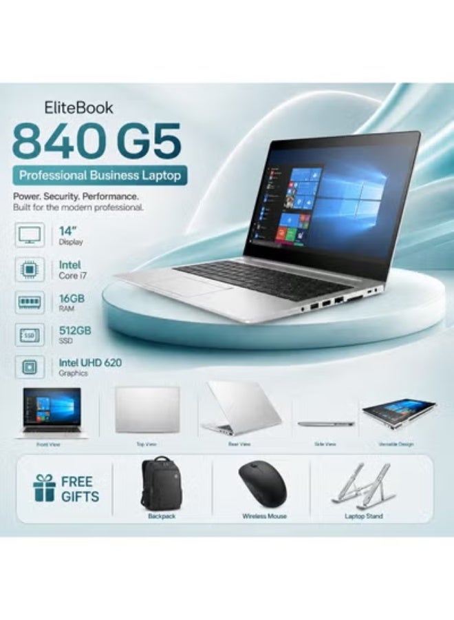لابتوب أعمال EliteBook 840 G5 بشاشة 14 بوصة ومعالج Intel Core i7 وذاكرة 16 جيجابايت وSSD سعة 512 جيجابايت ورسوميات Intel UHD 620 مع شنطة وماوس وحامل لابتوب - Image 1