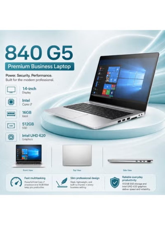 لابتوب أعمال EliteBook 840 G5 بشاشة 14 بوصة ومعالج Intel Core i7 وذاكرة 16 جيجابايت وSSD سعة 512 جيجابايت ورسوميات Intel UHD 620 مع شنطة وماوس وحامل لابتوب - Image 2