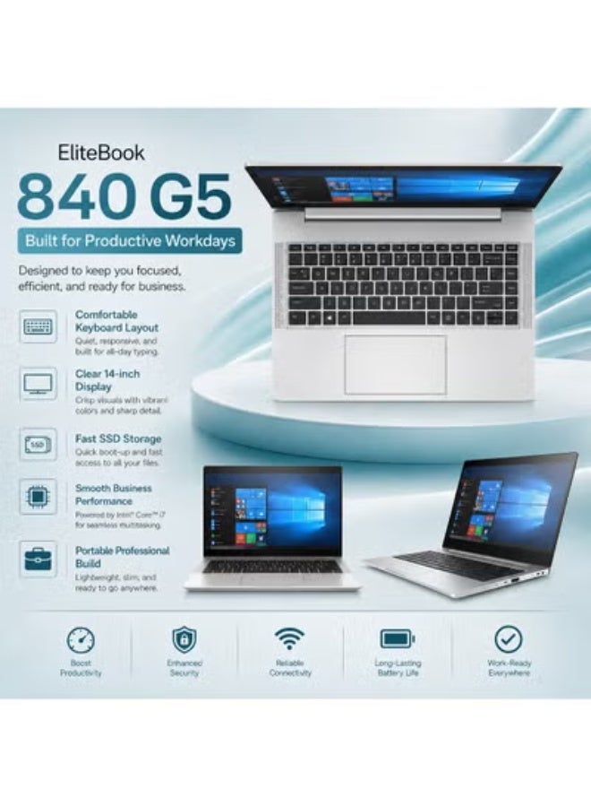لابتوب أعمال EliteBook 840 G5 بشاشة 14 بوصة ومعالج Intel Core i7 وذاكرة 16 جيجابايت وSSD سعة 512 جيجابايت ورسوميات Intel UHD 620 مع شنطة وماوس وحامل لابتوب - Image 3