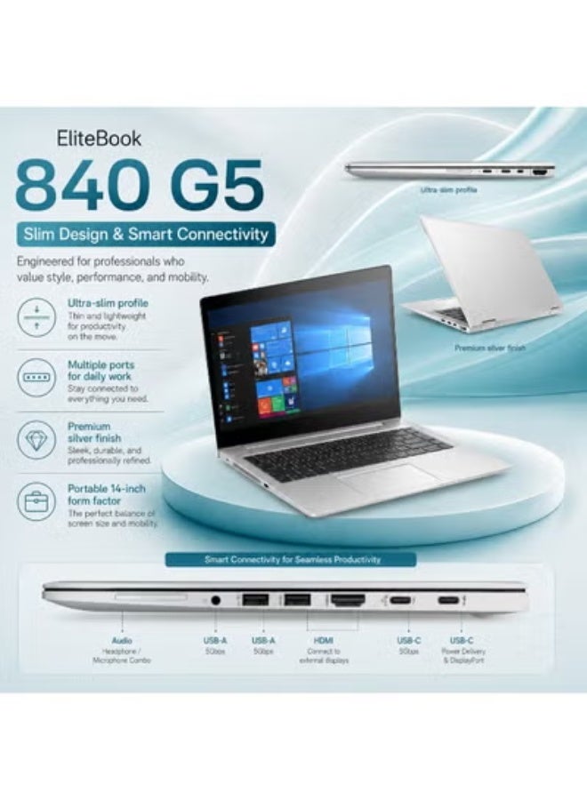 لابتوب أعمال EliteBook 840 G5 بشاشة 14 بوصة ومعالج Intel Core i7 وذاكرة 16 جيجابايت وSSD سعة 512 جيجابايت ورسوميات Intel UHD 620 مع شنطة وماوس وحامل لابتوب - Image 4
