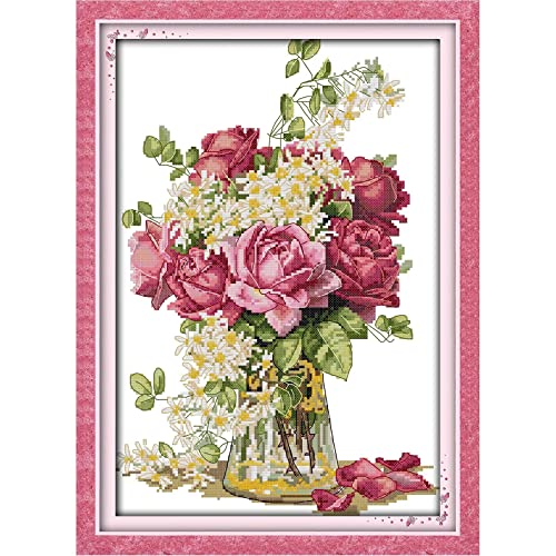CROSSDECOR Stamped Cross Stitch Kits Beginners Full Range of Crossstitching Preprinted Kits Pattern for Kids or Adults, DIY Needlepoint Embroidery Craft Kits 11CT 3 Strands-15×20.5 inch，Blooming Flowers - Image 1