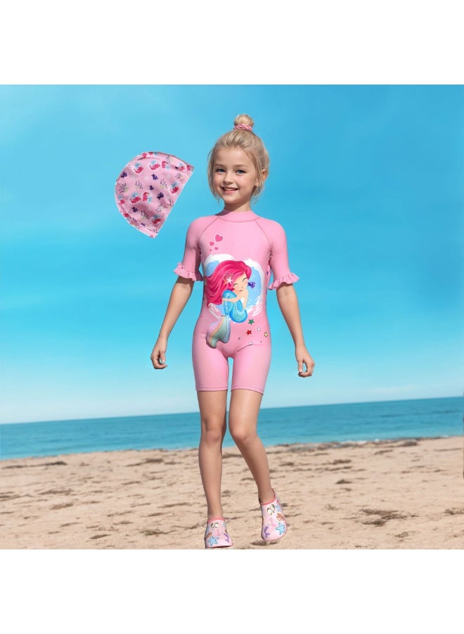 Generic Children's Mermaid Swimsuit， Long sleeved One Piece Sun Proof kids Swimwear With Swim Cap For Height 70-120cm Girls  - Image 1