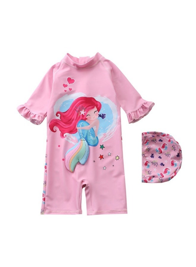 Generic Children's Mermaid Swimsuit， Long sleeved One Piece Sun Proof kids Swimwear With Swim Cap For Height 70-120cm Girls  - Image 2