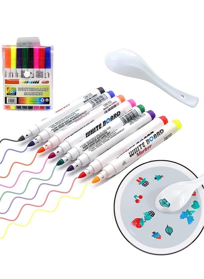 8 Colors Magical Water Painting Pen with Spoons, Magic Drawing Pen Bundle, Kiddies Create Magic Pen Erasable Doodle Water Floating Ink Drawings Set, Water Marker Gifts for Boys and Girls Kids Drawing