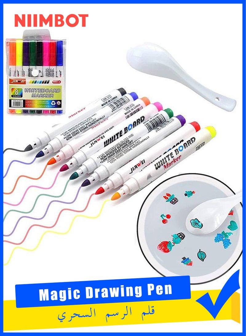 8 Colors Magical Water Painting Pen with Spoons, Magic Drawing Pen Bundle, Kiddies Create Magic Pen Erasable Doodle Water Floating Ink Drawings Set, Water Marker Gifts for Boys and Girls Kids Drawing