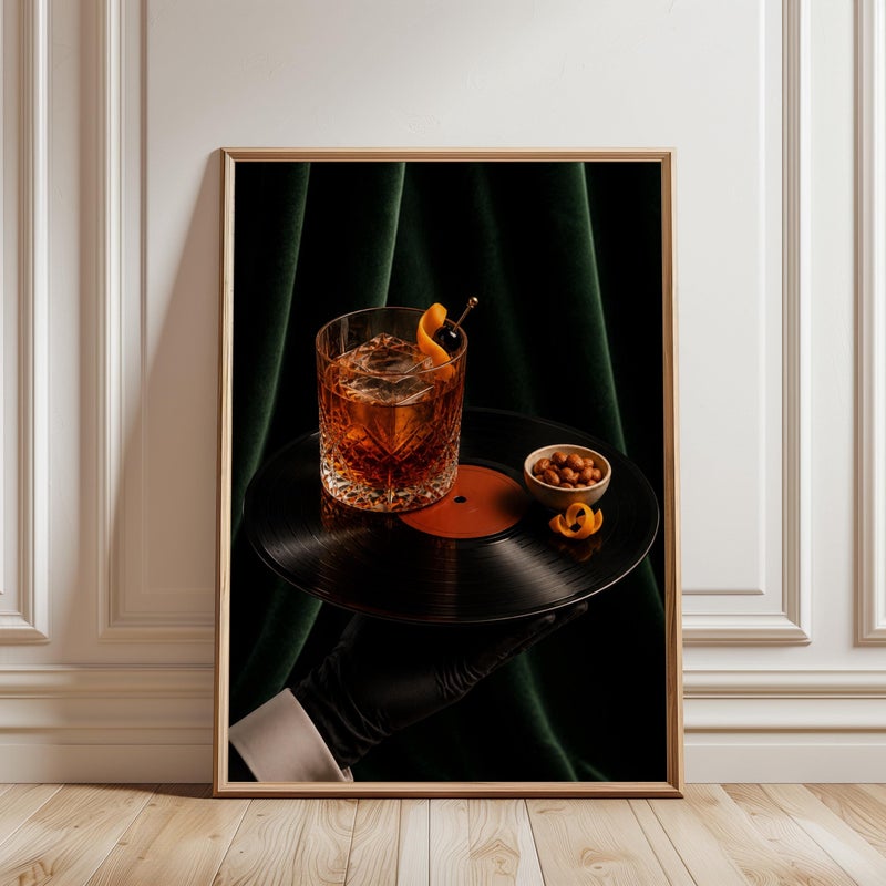 TNESSENTIAL Old Fashioned Vinyl Record Poster: Green Velvet, Cocktail Bar Art, Moody Lounge Wall Decor - Image 1