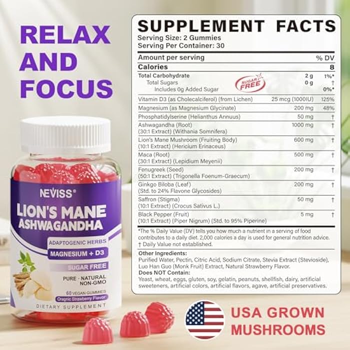 NEVISS Cortisol Calm Gummies for Women Men w/ Lions Mane Mushroom Ashwagandha Saffron & Magnesium Glycinate - Calming Gummies for Adults, Memory Supplements for Focus and Energy, Sugar Free, Vegan, 120ct - Image 2