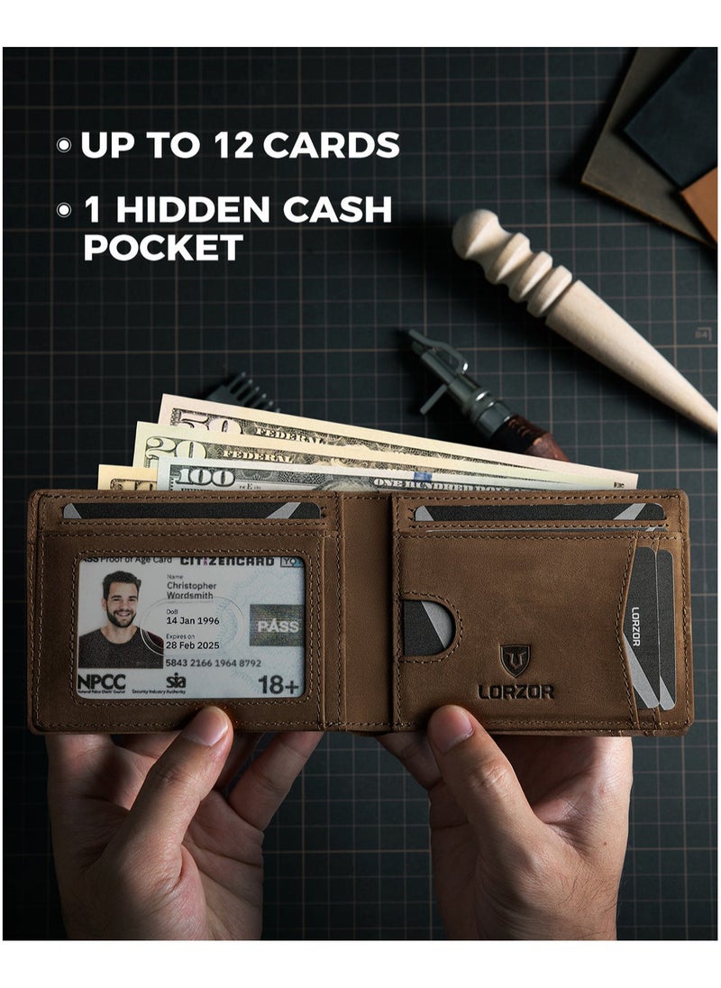 LORZOR LORZOR Mens Bifold Wallet Full Grain Leather AirTag Wallet for Men, RFID Blocking Minimalist Front Pocket Air Tag Wallet, ID Window, up to 12 Cards  - Image 4
