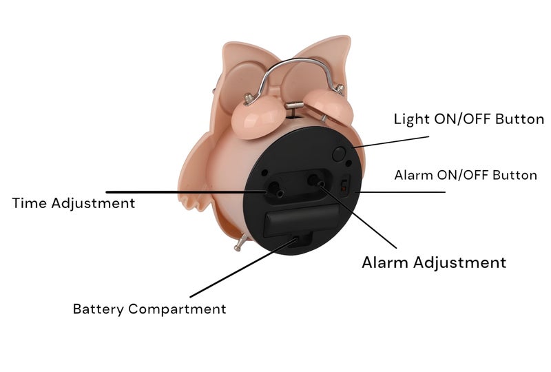 De'rons Twin Bell Analog Table Alarm Clock with Backlight for Heavy Sleepers Loud Alarm Clock for Students Funny Cute Owl Cartoon Shape Alarm Clock for Kids Girls Boys Bedroom 14.5 x 15 cm (Peach) - Image 3