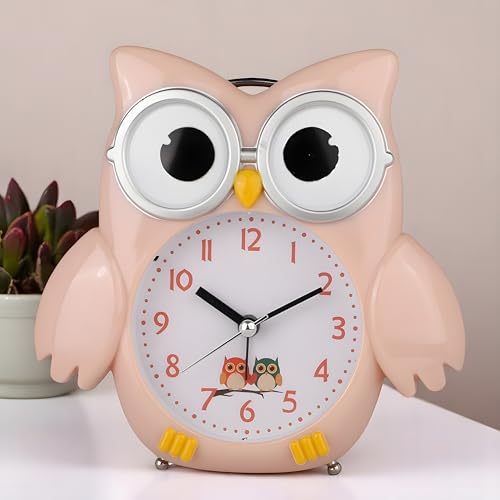 De'rons Twin Bell Analog Table Alarm Clock with Backlight for Heavy Sleepers Loud Alarm Clock for Students Funny Cute Owl Cartoon Shape Alarm Clock for Kids Girls Boys Bedroom 14.5 x 15 cm (Peach) - Image 1