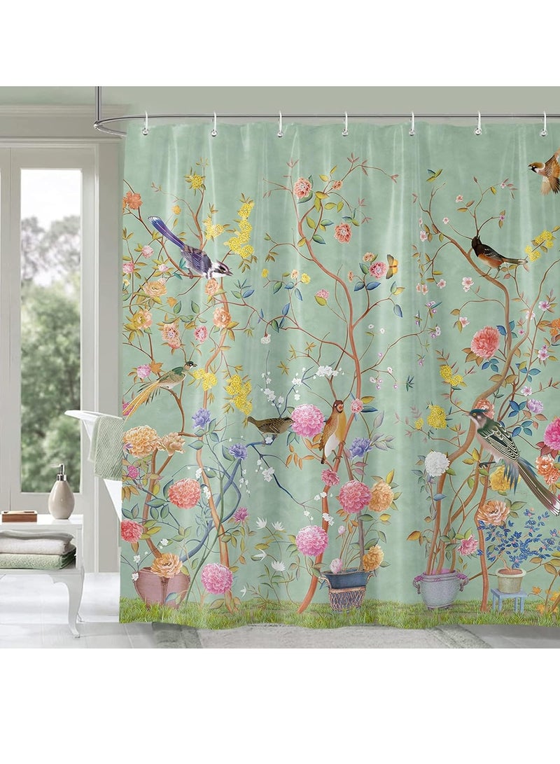 Excefore Shower Curtain Green Mould Proof Resistant Waterproof Bird Floral Bathroom Curtains with 12 hooks Quick-Drying Weighted 180x180cm (71x71Inch) Polyester Shower Curtains for Bathroom Wet Room Tub - Image 1