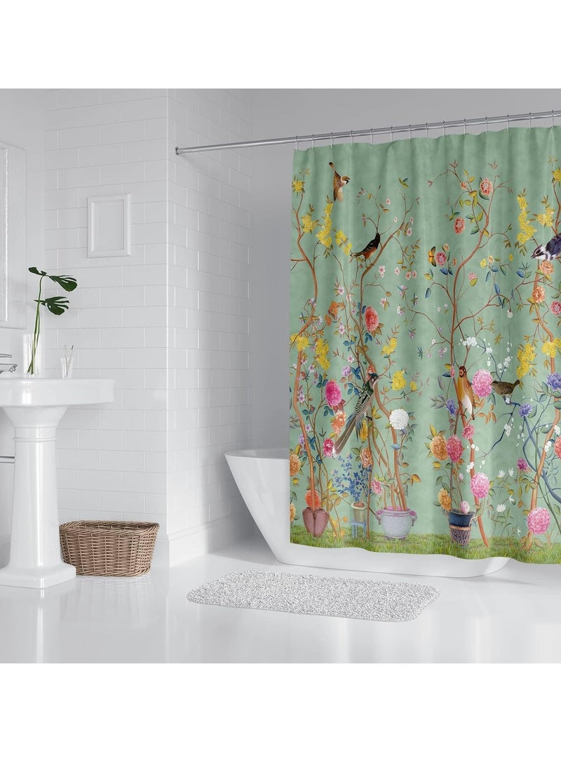 Excefore Shower Curtain Green Mould Proof Resistant Waterproof Bird Floral Bathroom Curtains with 12 hooks Quick-Drying Weighted 180x180cm (71x71Inch) Polyester Shower Curtains for Bathroom Wet Room Tub - Image 2