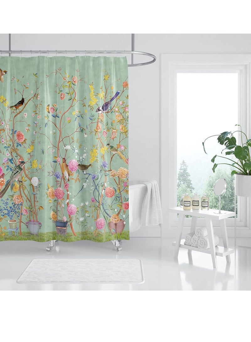 Excefore Shower Curtain Green Mould Proof Resistant Waterproof Bird Floral Bathroom Curtains with 12 hooks Quick-Drying Weighted 180x180cm (71x71Inch) Polyester Shower Curtains for Bathroom Wet Room Tub - Image 3