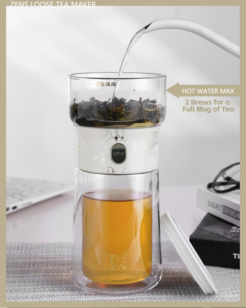 ZENS Cool Glass Teapot with Infuser, Smart One Touch Tea Maker for Loose Tea Diffusers with Insulated Mug and Portable Tea Kits, Enchanted Teapot Alternatives for Tea Lover Gifts - Image 3