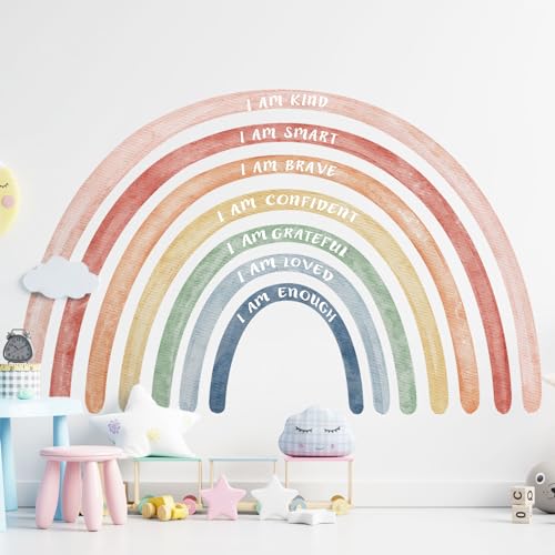 Tinideya 76.77x47.24'' Watercolor Large Rainbow Wall Decal Classroom Wall Decor with Inspirational Quote Peel and Stick Stickers Waterproof Wallpaper for Girls Kids Bedroom Nursery Playroom(Cute) - Image 1