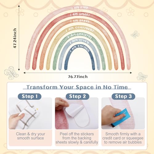 Tinideya 76.77x47.24'' Watercolor Large Rainbow Wall Decal Classroom Wall Decor with Inspirational Quote Peel and Stick Stickers Waterproof Wallpaper for Girls Kids Bedroom Nursery Playroom(Cute) - Image 2